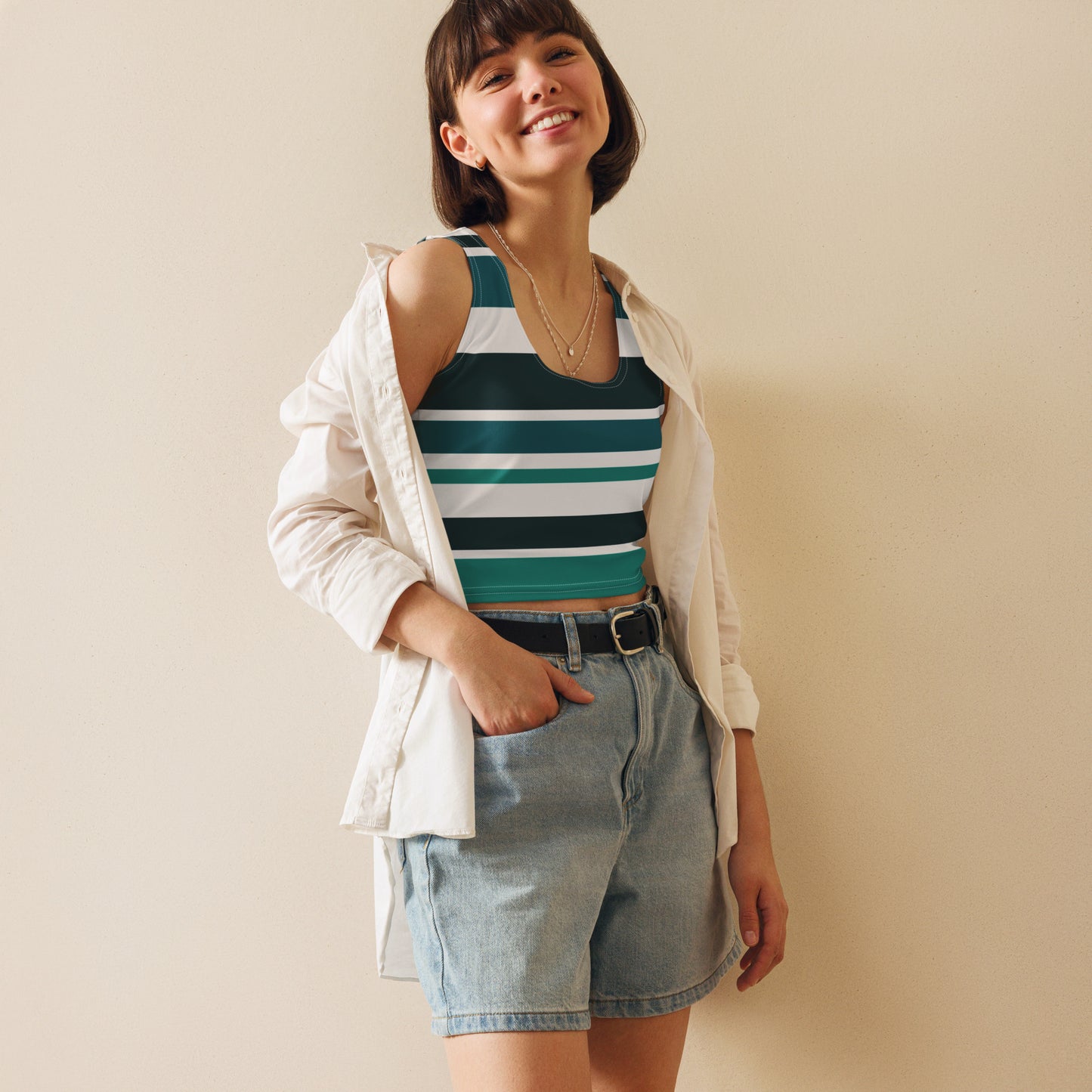 Women's Green Striped Crop Top - Activewear Well