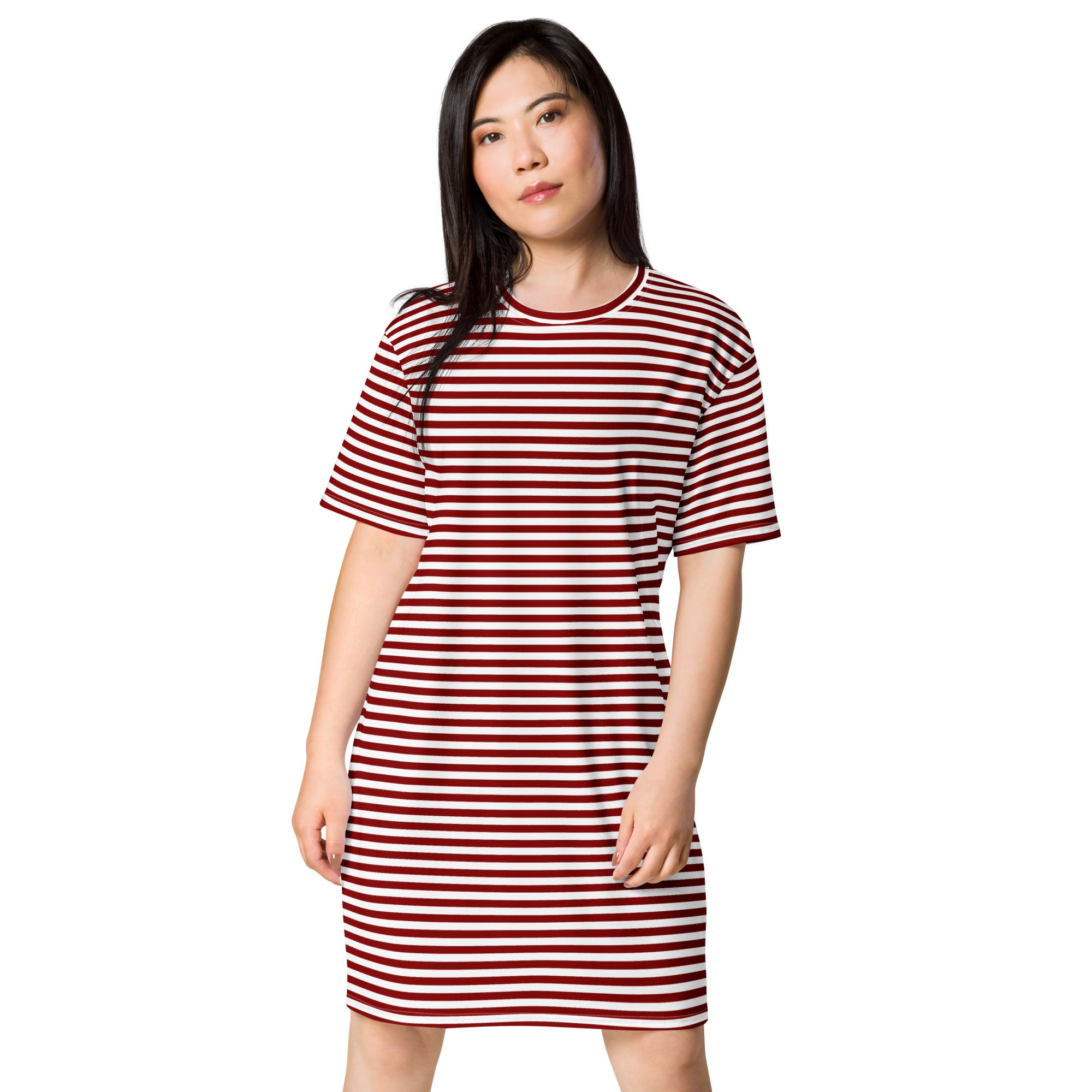 Women's Striped Burgundy T-Shirt Dress Activewear Well Women's Striped Burgundy T-Shirt Dress Activewear Well