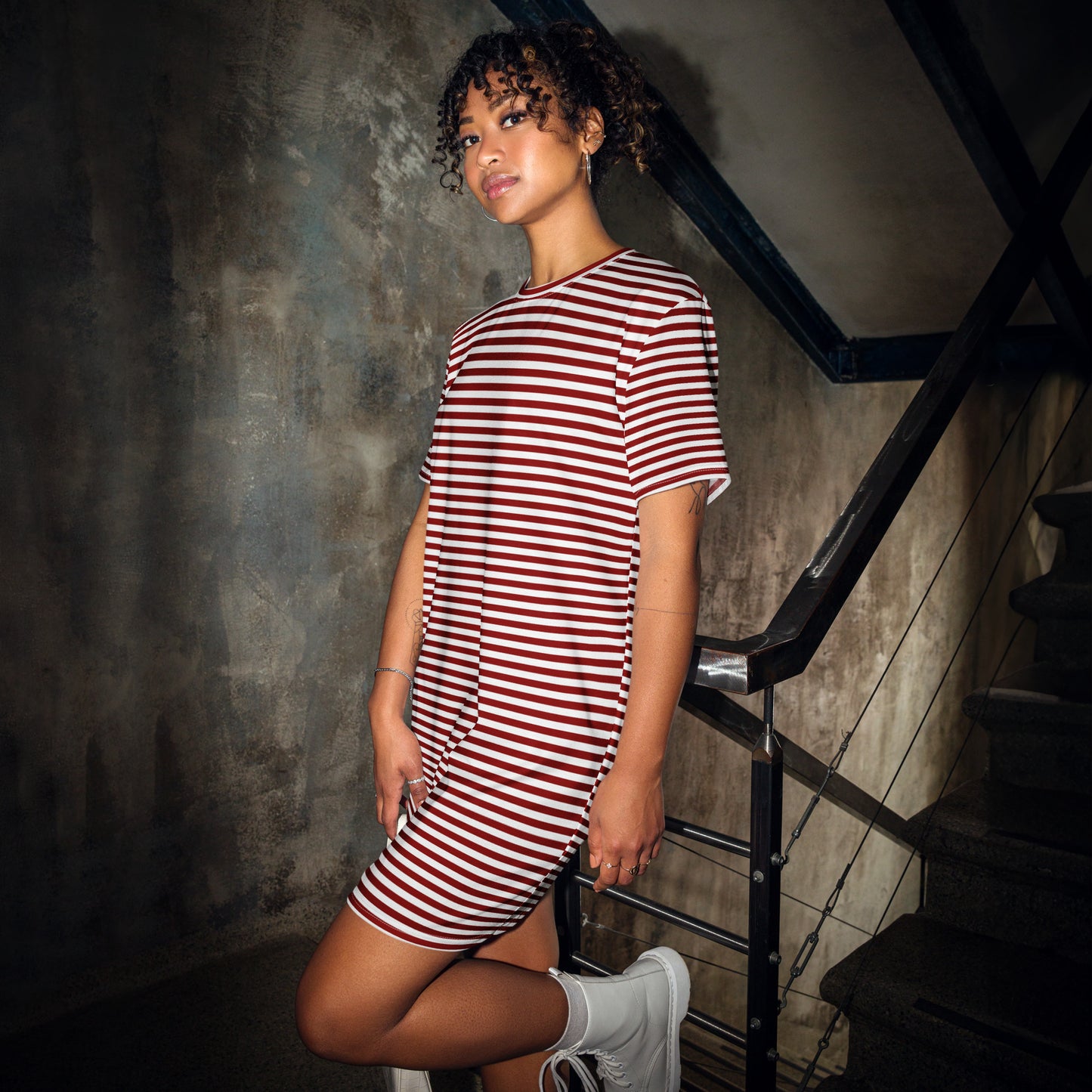 Women's Striped Burgundy T-Shirt Dress - Activewear Well
