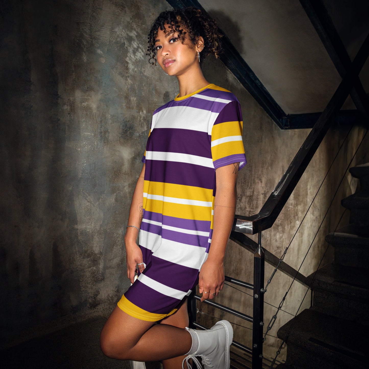 Women.s Purple Striped T-Shirt Dress - Activewear Well