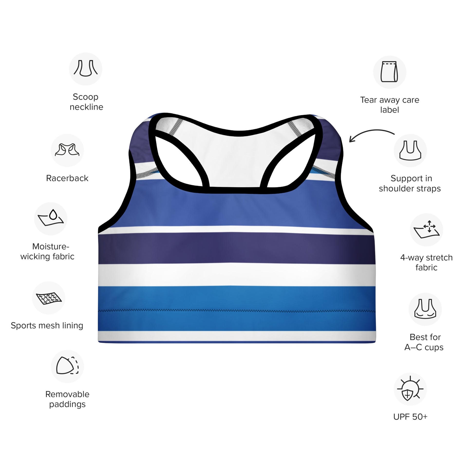 Blue Striped Padded Sports Bra - Activewear Well