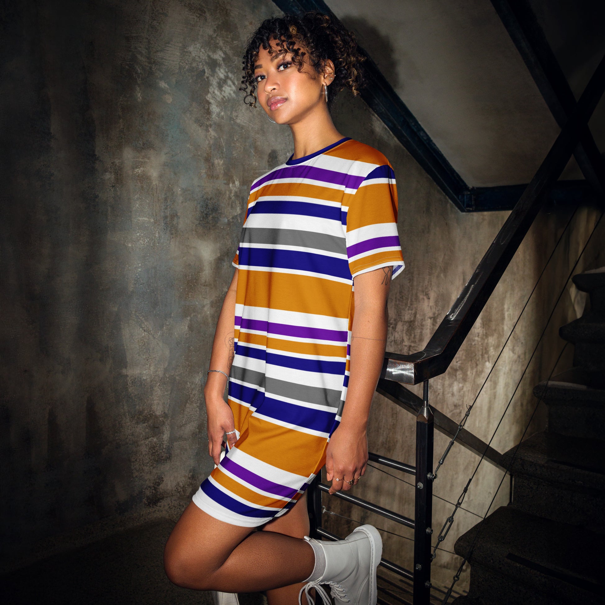 Women's Orange Striped T-Shirt Dress - Activewear Well