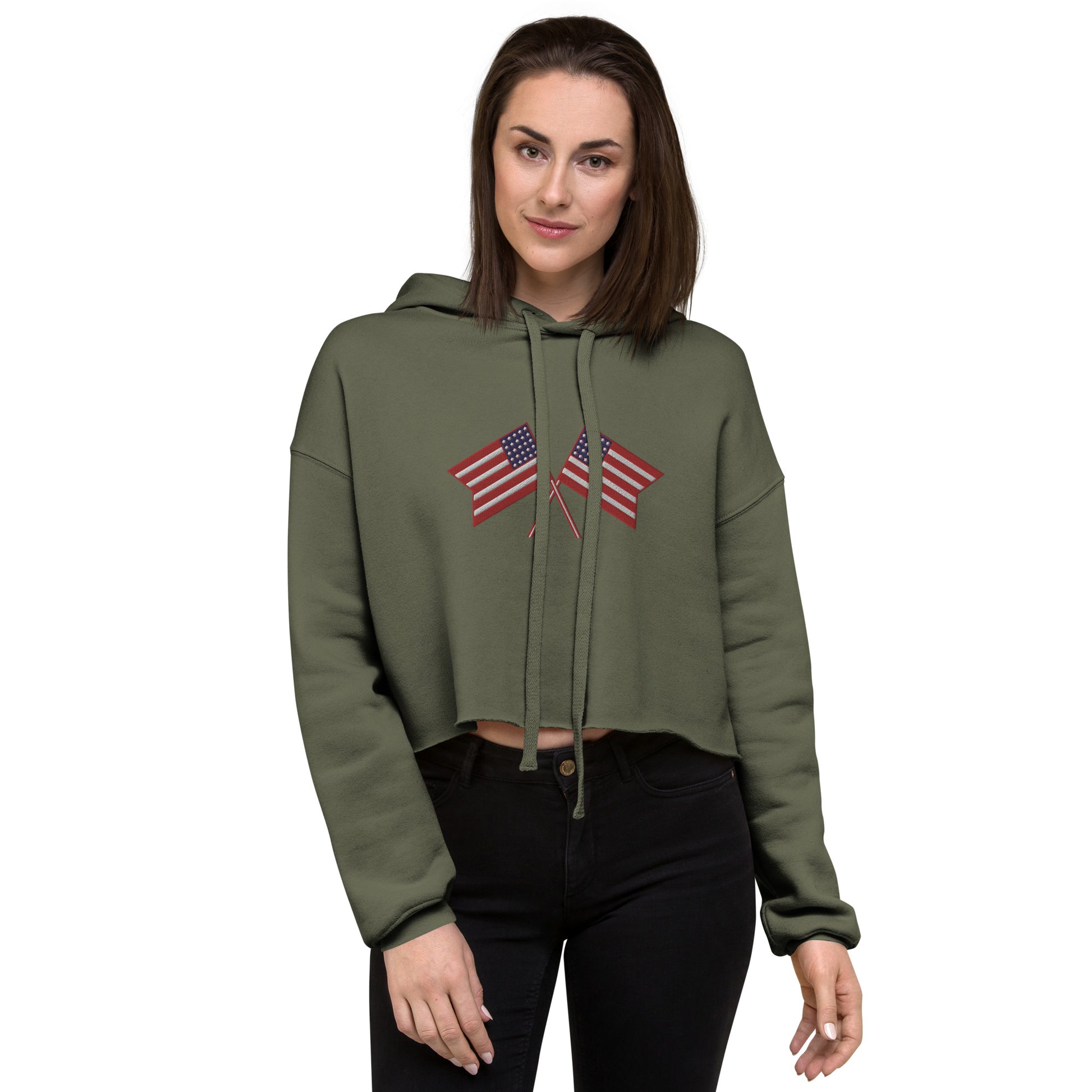 American Flag Embroidered  Crop Hoodie - Activewear Well